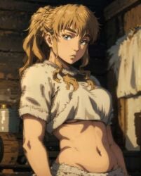 abs ai_generated arms belly belly_button blonde_hair blue_eyes breasts cute fluffy_hair icelandic norse_woman sexy_pose tummy viking_female vinland_saga ylva_(vinland_saga)