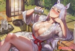 ai_generated curvy dominant_female drunk drunk_sex gold_ship_(umamusume) horse_ears horse_girl hot_spring large_breasts muscular muscular_female naticai pubic_hair sake sex sweat umamusume umamusume_pretty_derby white_hair