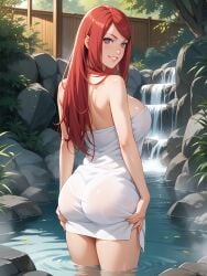 ai_generated ass ass_grab breasts grabbing_own_ass hot_spring huge_ass huge_breasts isogil long_hair looking_at_viewer looking_back naruto naruto_(series) naruto_shippuden onsen purple_eyes red_hair standing_in_water towel uzumaki_kushina water wet