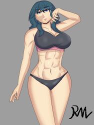 1girls abs bare_arms bare_midriff bare_thighs black_panties blue_eyes breasts byleth_(fire_emblem) byleth_(fire_emblem)_(female) cleavage female female_only fire_emblem fire_emblem:_three_houses grey_background hiryuu large_breasts looking_at_viewer medium_hair midriff muscular muscular_female nintendo panties solo tank_top teal_hair thighs underwear