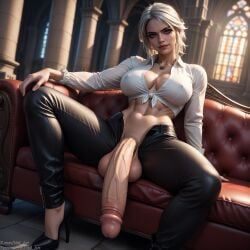 ai_generated black_pants ciri flaccid futa_only futanari futanari green_eyes huge_breasts huge_cock idel_art large_penis looking_at_viewer necklace stable_diffusion the_witcher_(series) the_witcher_3:_wild_hunt white_hair white_shirt