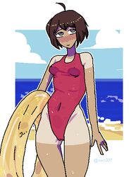 1girls ahoge blush brown_hair danganronpa danganronpa_ultra_despair_girls farmer's_tan naegi_komaru nikkei_(artist) one-piece_swimsuit school_swimsuit short_hair smooth_skin solo swimsuit tanline tanlines tanned