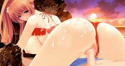 1boy 1girls animated ass atelier_kaguya bikini breasts cum cum_on_ass cum_on_back game_cg hair_flower kajuu_100 large_breasts long_hair looking_back mizunomiya_shiho open_mouth orange_hair outdoors ponytail red_bikini red_swimsuit reverse_cowgirl_position sex sky straight sunset swimsuit takao_aya