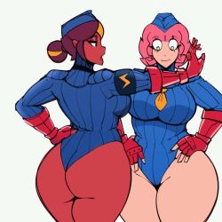 2girls big_breasts cdlum chocolate_and_vanilla dat_ass leaning_on_wall maple_(cdlum) multiple_girls pear_(cdlum) pink_hair shadaloo_dolls stewardess thick_ass thick_thighs