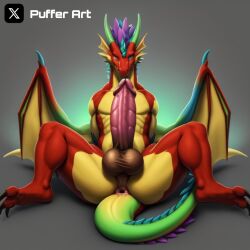 ai_generated anus big_balls big_penis dragon erect_penis erection frosting.ai horns large_balls large_penis male male_only penis presenting presenting_anus presenting_hindquarters presenting_penis rainbow_skin red_skin spread_legs spreading tagme tail