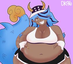 belly_grab big_belly chubby chubby_female cleavage daisykitty96 dark-skinned_female dragon_girl female female_only hat horns shorts