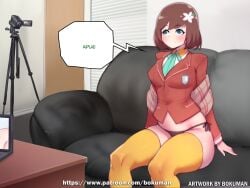 1girls blue_eyes bokuman brown_hair camera casting_couch couch dialogue female flower_in_hair hair_ornament hana_macchia hi_res high_resolution highres nijisanji nijisanji_indonesia no_pants panties short_hair speech_bubble text thighhighs virtual_youtuber