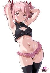 ai_generated armpits arms_behind_back arms_up artist_logo bottomless frilled_panties hair_ribbon hi_res madoka_kaname madoka_worship magical_girl mahou_shoujo_madoka_magica medium_breasts panties petite pink_eyes pink_hair puella_magi_madoka_magica red_ribbon ribbon ribbons tagme thick_thighs thighhighs twintails wide_hips