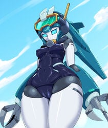 1girls android aqua_eyes breasts cameltoe erect_nipples erect_nipples_under_clothes female glasses hybrid looking_down motoroid_mallillin nipples no_mouth one-piece_swimsuit outdoors pochincoff robot robot_girl robot_neoanthropinae_polynian sky swimsuit underboob