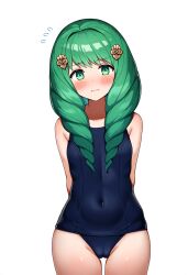 1girls ai_generated bangs cameltoe drill_hair embarrassed fire_emblem fire_emblem:_three_houses flayn_(fire_emblem) green_eyes green_hair hair_drills looking_at_viewer navel navel_visible_through_clothes novelai school_swimsuit self_upload swimsuit