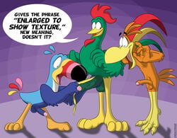 anthro avian balls beak big_penis bird chicken cocoa_puffs corn_flakes cornelius_(kellogg's) dialog dracovar_valeford english_text erection froot_loops furry gay male male_chicken mascot measuring no_humans penis shocked size_difference smile sonny standing surprised talons text toucan toucan_sam uncut vein