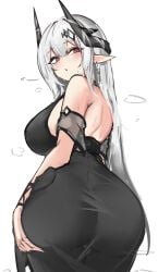 :o arknights ass ass_visible_through_clothes back back_view big_ass dress elf_ears fat_ass female grabbing_own_ass horns large_breasts long_hair looking_at_viewer looking_back mudrock_(arknights) pointy_ears red_eyes sideboob steam sweat sweaty tight_clothing tight_dress white_hair