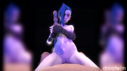 1boy 1girls 3d animated arcane arcane_jinx blue_hair bouncing_breasts dnnsfw female_on_top gun jinx_(league_of_legends) league_of_legends male_pov music nipples penis pov purple_eyes scary_face sex small_breasts sound source_filmmaker tagme tattoo vaginal_penetration vaginal_sex video weapon