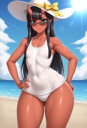 1girls ai_generated annoyed ass_visible_through_thighs black_hair cameltoe covered_nipples demon flat_chest green_eyes hand_on_hip hime_cut horns long_hair one-piece_swimsuit oni_horns original red_skin self_upload skindentation sun_hat sunglasses swimsuit thick_thighs white_one-piece_swimsuit white_swimsuit wide_hips yoshi_tama_(style)