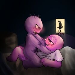 2d_(artwork) alan_(smiling_friends) bed blush blush_lines caught choking cum cumming cumming_from_anal_sex digital_media_(artwork) gay gay_anal gay_sex grim_(smiling_friends) male male_only non-human pim_(smiling_friends) qalt smiling_friends toony