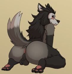 alpha_and_omega anthro anus ass balls big_butt black_body black_fur blush canid canine canis embarrassed feet fur genitals gess11 grey_body grey_fur hutch male mammal multicolored_body multicolored_fur pawpads paws presenting presenting_anus presenting_hindquarters solo tail wolf