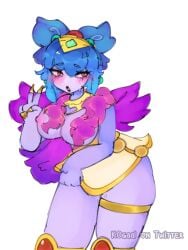 1girls big_breasts blue_hair blush brawl_stars female female_focus female_only harpy_melodie_(brawl_stars) melodie_(brawl_stars) partially_clothed partially_nude peace_sign purple_skin purple_skinned_female red_eyes simple_background tagme white_background