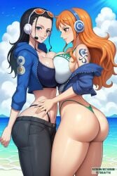 2girls ai_generated ass ass_focus back back_view bare_arms bare_legs bare_shoulders bare_thighs big_ass big_breasts big_butt bikini black_hair blue_eyes breast_to_breast clothed clothing color female female_focus female_only hand_on_another's_hip hand_on_hip headphones hi_res large_breasts light-skinned_female light_skin long_hair looking_at_viewer nami nami_(one_piece) nico_robin one_piece orange_eyes orange_hair panties plyboijayyai post-timeskip shounen_jump smiling smiling_at_viewer solo_female sunglasses sweater_vest tagme tattoo tattoo_on_arm thick_thighs