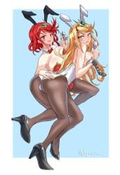 2girls ass blonde_hair bowtie breasts bunny_ears chains detached_collar earrings fake_animal_ears hand_on_ass high_heels holding_card large_breasts leotard long_hair looking_at_viewer mythra nelyrian1 nintendo pantyhose playboy_bunny playing_card pyra red_eyes red_hair red_leotard short_hair tiara white_leotard wrist_cuffs xenoblade_(series) xenoblade_chronicles_2 yellow_eyes