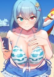 1girls beach big_breasts bikini_top blue_eyes blue_hair cleavage clouds detailed_background heterochromia kogasa_tatara kogasa_tatara_(umbrella) light-skinned_female looking_at_viewer panties pov red_eyes sand skirt sky solo solo_female tatara_kogasa_(beach_umbrella_castaway) touhou touhou_lost_word urizaku3 water youkai