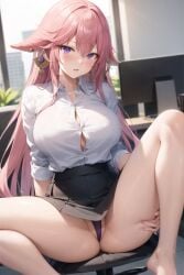 ai_generated big_breasts business_suit business_woman button_gap buttons cameltoe flashing_panties genshin_impact office_lady pink_hair purple_eyes purple_panties skirt skirt_lift slombert yae_miko