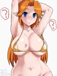 1girls areola_slip armpits arms_up belly big_breasts bikini bikini_top blue_eyes blush bottomless breasts cleavage collarbone cremia elf_ears empty_eyes fast-r full_version_at_paywall gold_bikini gold_bikini_top large_breasts long_hair looking_at_viewer majora's_mask malon mind_control navel ocarina_of_time open_mouth pixiv_fanbox red_hair shiny_skin spoken_question_mark the_legend_of_zelda triforce_mark wide_hips