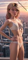 1girls 1woman 9:16 ai ai_art ai_generated ai_nude blonde_female blonde_hair blue_eyes bra building building_background buildings disney_plus elsacorinthiana female female_only gwen_stacy looking_for_viewer marvel medium_breasts new_york new_york_city on_top_of_building panties patreon patreon_link patreon_url posing posing_for_viewer realistic semi-naked semi-nude semi-nudity semi_naked semi_nude skinny spider-gwen spider-man:_across_the_spider-verse spider-man:_into_the_spider-verse spider_girl standing standing_position sunset thin_body white_bra white_panties white_skin