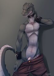 amir_(zyrtex) anthro armband bottomwear clothing clothing_pull collar crocodilian femboy genitals hand_on_neck hi_res lizard male modelling pants penis presenting reptile scalie seductive shy signature slim small_waist solo standing tail underwear undressing zyrtex