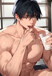 1boy abs ai_generated black_hair completely_nude cum cum_in_cup cup dilf green_eyes haruartx holding_cup jujutsu_kaisen looking_at_viewer male mature_male muscular muscular_male nipples short_hair solo_male toji_fushiguro tongue tongue_out