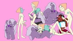 1girls 2futas amethyst_(steven_universe) areolae balls big_breasts big_penis breasts cartoon_network clothed clothing connie_maheswaran dark-skinned_female dark_skin erection fellatio female fully_clothed futa_on_futa futanari gem_(species) huge_cock human humanoid humanoid_penis jones_boi kneeling larger_futanari mature_female milf nipples nude oral pearl_(steven_universe) penis smaller_futanari standing steven_universe threesome