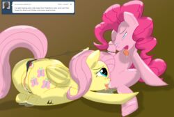 2012 anal anal_insertion anal_sex blue_eyes cunnilingus cutie_mark duo english_text equine female feral fluttershy_(mlp) friendship_is_magic green_eyes hair horse insertion kitsuneymg my_little_pony oral oral_sex pegasus penetration pink_fur pink_hair pinkie_pie_(mlp) pony pussy_floss pussy_juice sex sex_toy text tumblr vaginal_penetration vibrator wings yellow_fur yuri