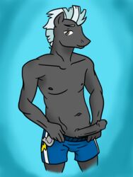 abs anthro anthrofied blue_hair clothing colored cyan_background equine erection grey_penis grey_skin hair horse irateliterate male male_only mane mohawk multicolored_hair muscles my_little_pony overweight penis presenting shorts solo thunderlane_(mlp) underwear yellow_eyes