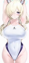 armpits arms_up blue_archive frown gluteal_fold kanna_(blue_archive) kanna_(swimsuit)_(blue_archive) large_breasts large_hips nipples_visible_through_clothing official_alternate_costume one-piece_swimsuit sharp_teeth shiny_skin valkyrie_police_school_student wet wide_hips