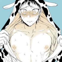 blush cow_print danganronpa danganronpa_2:_goodbye_despair hinata_hajime hoodie hoodie_open leaking_nipples male male_focus male_only nipples open_clothes open_hoodie shirtless shirtless_male solo solo_focus solo_male sweatshirt uurin