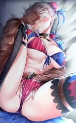 american_flag american_flag_bikini american_flag_print asymmetrical_gloves bikini blue_jacket blush breasts brown_gloves bun_cover choker cleavage covering_own_eyes cropped_jacket fate/grand_order fate_(series) female female_masturbation fingerless_gloves flag_print gloves hair_bun hair_ribbon highres jacket large_breasts len_(hand_linke) long_hair long_sleeves lying masturbation miyamoto_musashi_(fate) miyamoto_musashi_(swimsuit_berserker)_(fate) miyamoto_musashi_(swimsuit_berserker)_(second_ascension)_(fate) navel on_back pink_hair print_bikini pussy_juice ribbon shrug_(clothing) single_side_bun solo spread_legs swept_bangs swimsuit thighhighs thighs