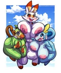 2019 2019s 3girls anthro anthrofied areola ass belly big_breasts big_butt biped blue_eyes blush breasts chubby deep_navel fabianoferreira female female_focus female_only fur furry furry_female furry_only gen_8_pokemon generation_8_pokemon grookey group huge_breasts looking_at_viewer navel nintendo nipples nude open_mouth open_smile orange_eyes patreon pokémon_(species) pokemon pokemon_ss pokemorph pussy scalie scorbunny smile sobble teeth text thick_thighs tongue toto_draw url video_games voluptuous watermark wide_hips