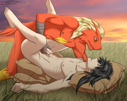 anal anal_sex avian blaziken cum gay handjob human interspecies lying male male_pokemon/male_human missionary_position nature nintendo on_back outside penetration penis pokemon pokemon_(species) pokephilia public sunset video_games zeeka