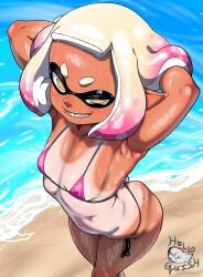 1girls bikini breasts female helloguish hi_res inkling inkling_girl micro_bikini naughty_face nintendo outdoors pearl_(splatoon) perky_breasts petite petite_body short_hair slim_body slim_waist small_breasts splatoon splatoon_(series) splatoon_2 tan tan-skinned_female tanline tanlines tanned_skin tentacle_hair