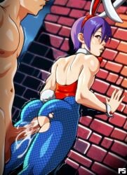 1boy 1girls absurd_res against_wall ass balls blue_pantyhose bunny_ears bunny_tail bunnysuit capcom clothed_female_nude_male cum cum_in_pussy cum_inside darkstalkers detached_collar female fishnet_pantyhose from_behind leotard lilith_aensland looking_back male nude nude_male pantyhose penetration penis pumpkinsinclair purple_hair red_eyes succubus torn_pantyhose vaginal_penetration wrist_cuffs