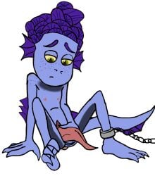 alberto_scorfano barefoot chained depressed disney grabbing_penis green_eyes humanoid looking_at_penis luca_(pixar_film) male male_focus male_only naked nude nude_male pixar purple_scales sad sea_monster seated slave slit tail teen_boy teenager young