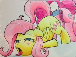 2013 anal anal_insertion anal_sex ass blush cutie_mark dildo double_dildo duo equine female feral fluttershy_(mlp) friendship_is_magic fucked_silly green_eyes hair horse insertion kitsuneymg my_little_pony pegasus penetration pink_fur pink_hair pinkie_pie_(mlp) pony pussy sex_toy tongue tongue_out traditional_media wings yellow_fur yuri