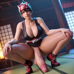 ai_generated brown_eyes flaccid flaccid_penis futa_only futanari green_hair headband huge_cock idel_art kiriko_(overwatch) overwatch overwatch_2 spread_legs squatting stable_diffusion veiny_penis