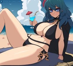 1girls alternate_costume bare_arms bare_midriff bare_thighs beach bikini black_bikini black_swimsuit blue_eyes breasts byleth_(female)_(summer)_(fire_emblem) byleth_(fire_emblem) byleth_(fire_emblem)_(female) byleth_(summer)_(fire_emblem)_(female) cape cleavage day drink fire_emblem fire_emblem:_three_houses fire_emblem_heroes flower glass hair_between_eyes hair_flower hourglass_figure large_breasts long_hair looking_at_viewer midriff nintendo nipples ocean official_alternate_costume outdoors scrimblocrimbo sideboob sitting skindentation smile solo swimsuit sword sword_of_the_creator teal_hair thighs weapon wide_hips