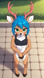 1girls 2024 :3 ai_generated anthro antlers blue_hair blushing bottomless bottomless_anthro bottomless_female brown_fur covering covering_crotch crop_top cute deer deer_girl digitigrade female female_only furry green_eyes hi_res high-angle_view inner_ear_fluff looking_at_viewer looking_up mostly_nude outdoors pink_antlers short_hair smaller_female smile white_fur