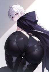 1boy ai_generated ass ass_focus cloak eyes femboy hair huge_ass jonnyjonn juicy_butt leather leather_clothing leather_pants looking_at_viewer male novelai oc on_knees original_character pale pov purple skin topless