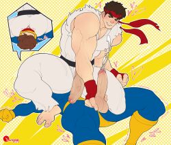 balls bara big_balls big_penis blush capcom clothing crossover cum cyclops_(x-men) erection gay genital_fluids handjob male male/male male_only marvel marvel_comics masturbation muscular_male orgasm penis ryu_(street_fighter) scott_summers street_fighter tight_clothing x-men yozorac1