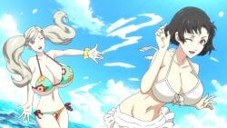 alternate_breast_size ann_takamaki asian asian_bimbo asian_female big_breasts bikini bimbo black_hair blonde_hair breast_expansion breasts_bigger_than_head byleths200 edit edited huge_breasts makoto_niijima official_style paag persona persona_5 screenshot_edit seaside swimsuit twintails