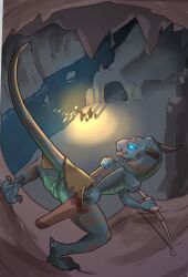 3_toes ambiguous_gender animal_genitalia anthro blue_body blue_eyes bottomwear bow_(weapon) cave clothing countershading crouching feet genital_slit genitals hi_res horn ineffective_clothing kobold loincloth ranged_weapon river solo solo_focus toes unknown_artist weapon