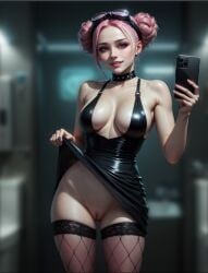 ai_generated bald_pussy bare_pussy black_collar black_latex black_latex_dress black_studded_collar cellphone cleavage collar dress_lift fishnet_stockings fishnets hairless_pussy latex latex_dress lust_goddess no_panties nutaku pink_hair rose_(lust_goddess) shaved_pussy studded_collar thighhighs