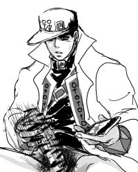 1boy censored censored_penis diamond_is_unbreakable dilf holding_object holding_phone jojo's_bizarre_adventure jotaro_kujo male male_only masturbation phone pubic_hair solo